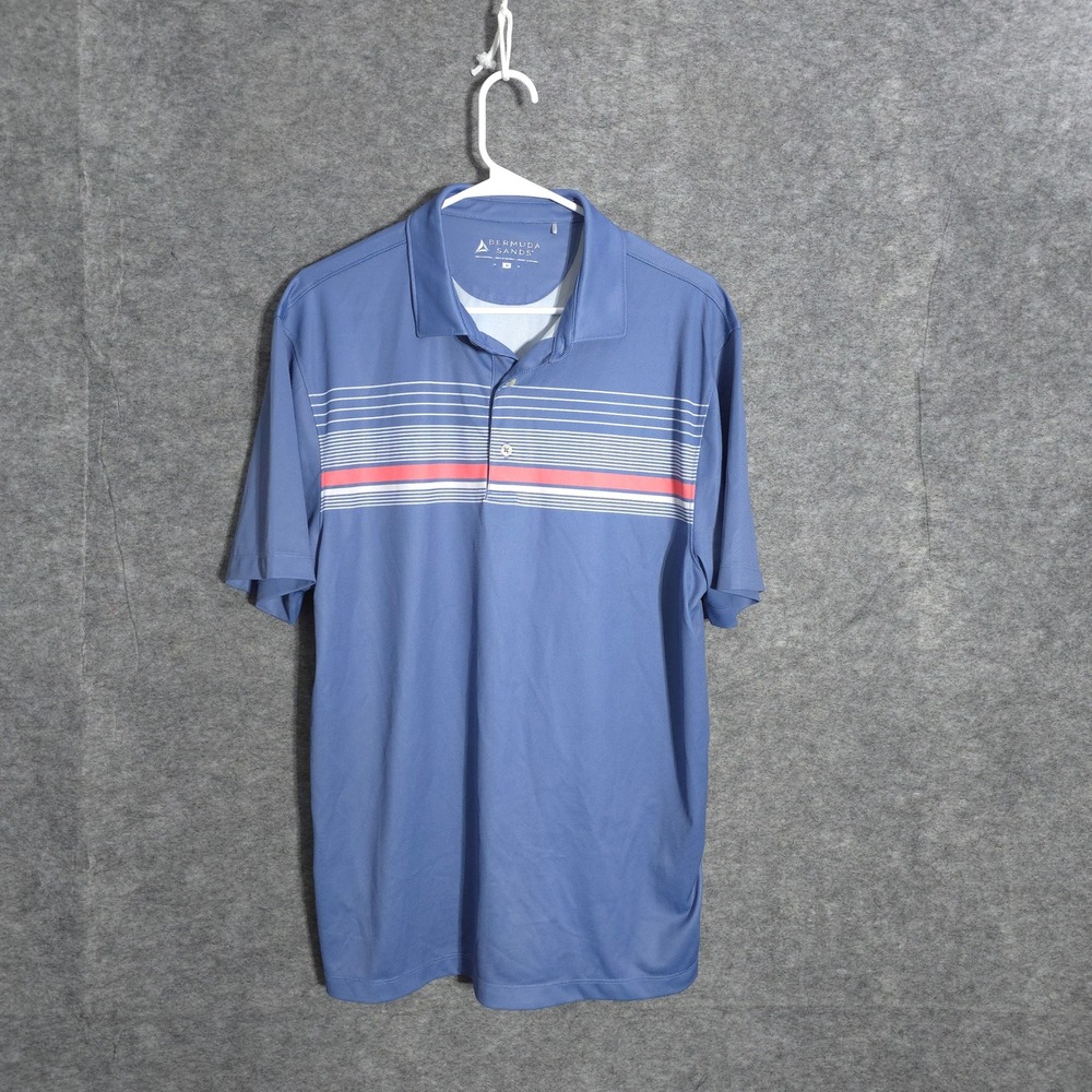 Bermuda Sands Polo Shirt Mens Medium Blue Striped Performance Golf Short Sleeve